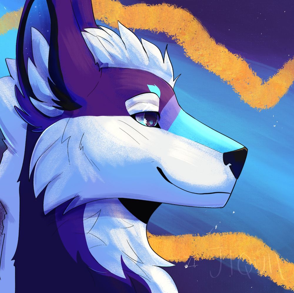 A head only drawing of Zenith the space dog. Zenith is multiple shades of purple with white as a secondary color, as well as blue and black accents.
The background is abstract with sales of blue and purple, with golden brushstrokes streaking through and the occasional white speck to imply stars.