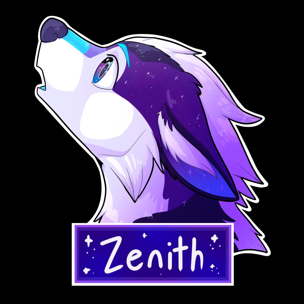 A head only badge of Zenith, a purple space dog, looking up and to the left. Their expression is that of awe.