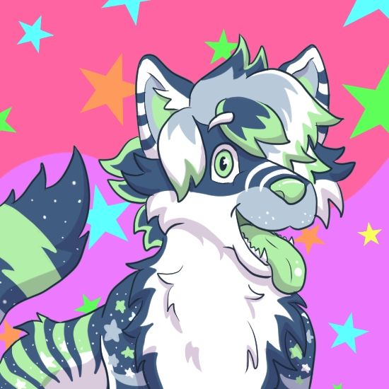 A drawing of a green, black, white, and gray sparkledog in front of a multicolor background with stars.