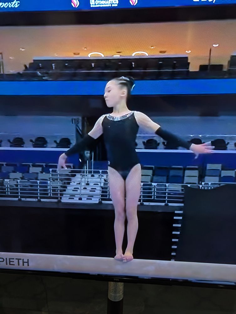 Gymnast in black leotard and sleeves.