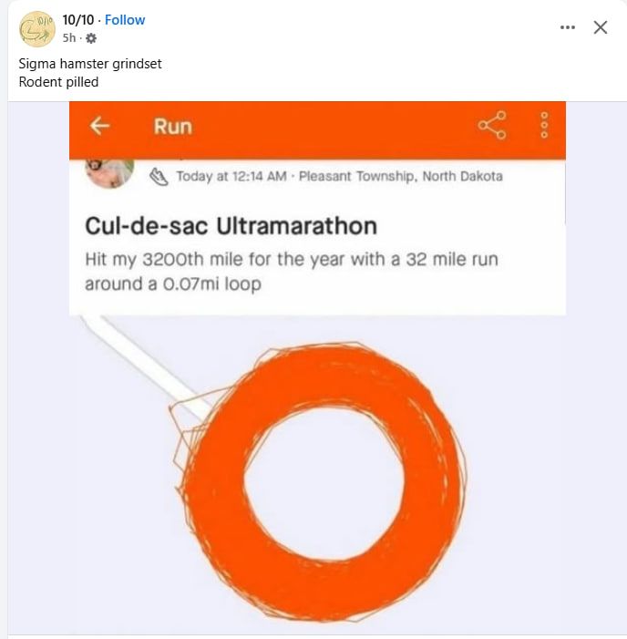 Post from Facebook page 10/10

Sigma hamster grindset
Rodent pilled

Screenshot of another post showing a map with red lines of where someone ran in a circle repeatedly, making a very thick circle on the map

Post says
Cul-de-sac Ultramarathon
Hit my 32000th mile for the year when 32 miles run around a 0.07 mi loop