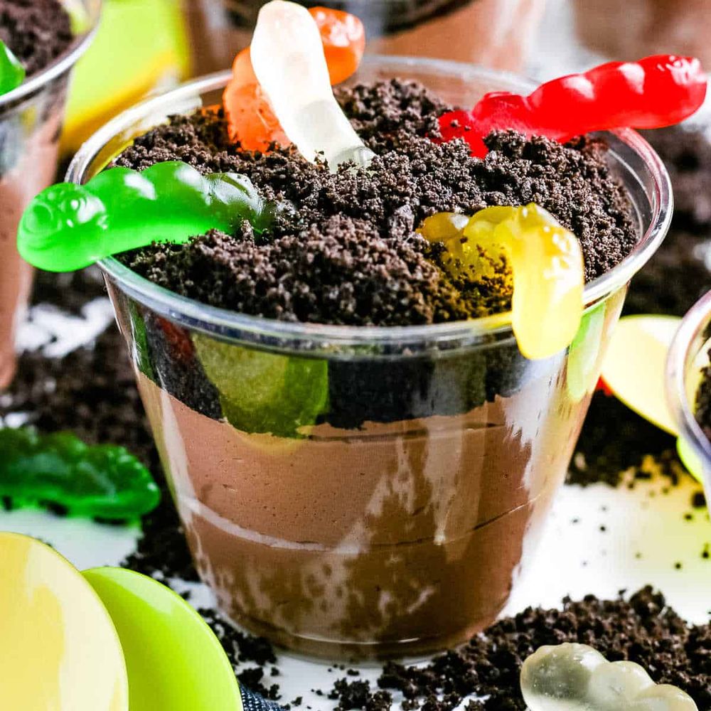 dirt cup with chocolate cake, chocolate pudding, and gummy worms
