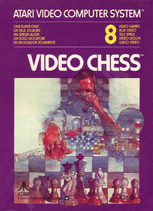 box art for the 1979 video game Atari Video Chess features a painting of a dude and several chess pieces and some computer-y mosaics. I'm not doing it justice, but it's an absolute banger