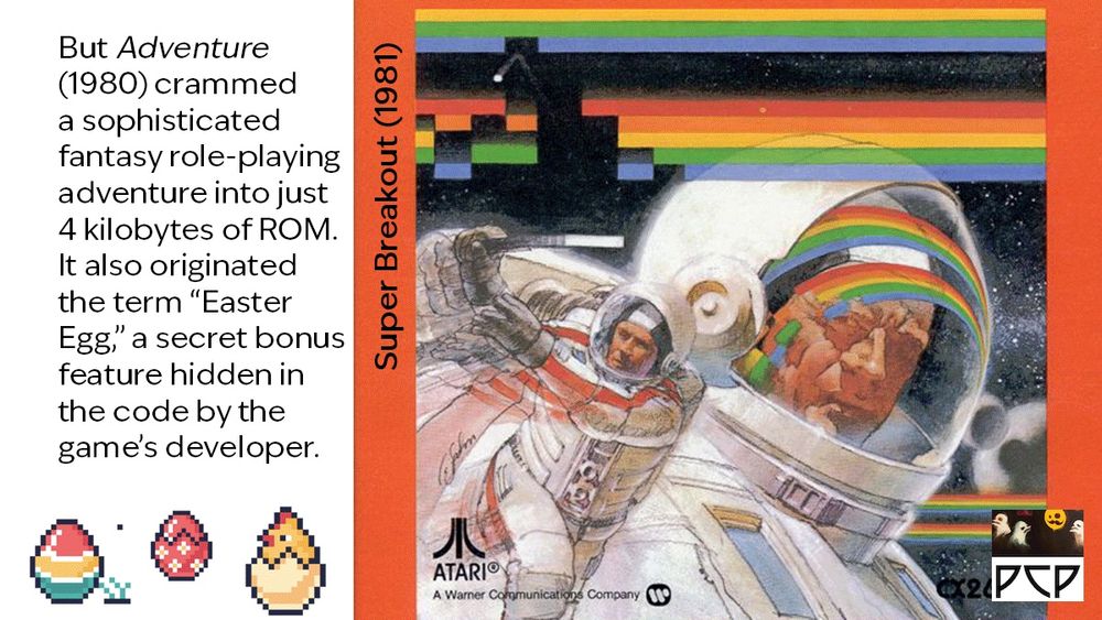 ONSCREEN CAPTION READS:
“But one of these games, Adventure, crammed a sophisticated fantasy role-playing adventure into just 4 kilobytes of ROM. It also originated the term “Easter Egg,” a secret bonus feature hidden in the code by the game’s developer.”


 ACCOMPANYING IMAGE IS BOX ART OF A CLASSIC ATARI 2600 GAME:
The box art for Atari Super Breakout is red, and it features a dynamic hand-painted artwork showcasing a futuristic, colorful scene: vibrant streaks of light and geometric shapes representing bouncing balls and bricks in motion. There are also multiplu images of an astronaut with a bubble helmet, which is presumably a personification of the rectangular rebound bar the player controls in the game. The design captures the energy and excitement of the gameplay, with bold colors and abstract patterns creating a sense of speed and intensity.