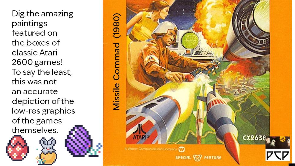 ONSCREEN CAPTION READS:
“Dig the amazing paintings featured on the boxes of classic Atari 2600 games! To say the least, this was not an accurate depiction of the low-res graphics of the games themselves.”

ACCOMPANYING IMAGE IS BOX ART OF A CLASSIC ATARI 2600 GAME:
The box art for the Atari game Missile Command is a vivid hand-painted artwork depicting a dramatic sci-fi scene: a futuristic control room with a determined operator at the helm, surrounded by glowing radar screens and missile trajectories. Explosions and streaking missiles dominate the background, illustrating the chaos of an intense battle. The vibrant colors and dynamic composition evoke a sense of urgency and action.