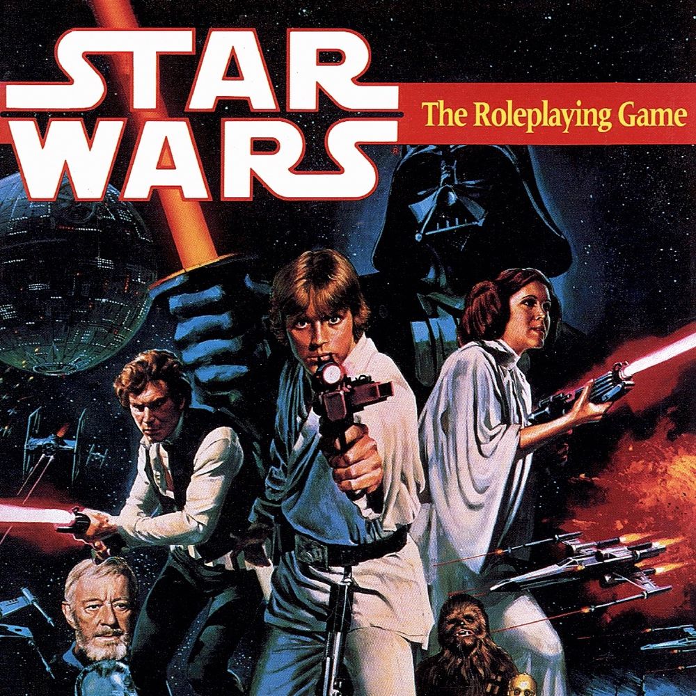 Book cover of the 1987 title Star Wars the Roleplaying Game. Book cover features a montage of characters and vehicles and locales similar to the movie poster: Luke and Leia and Han Solo firing blasters, Darth Vader swinging a lightsaber, Obi Wan, Chewbacca, R2D2 & C3P0, X-wings and TIE fighters, the Death Star—the whole schmear.