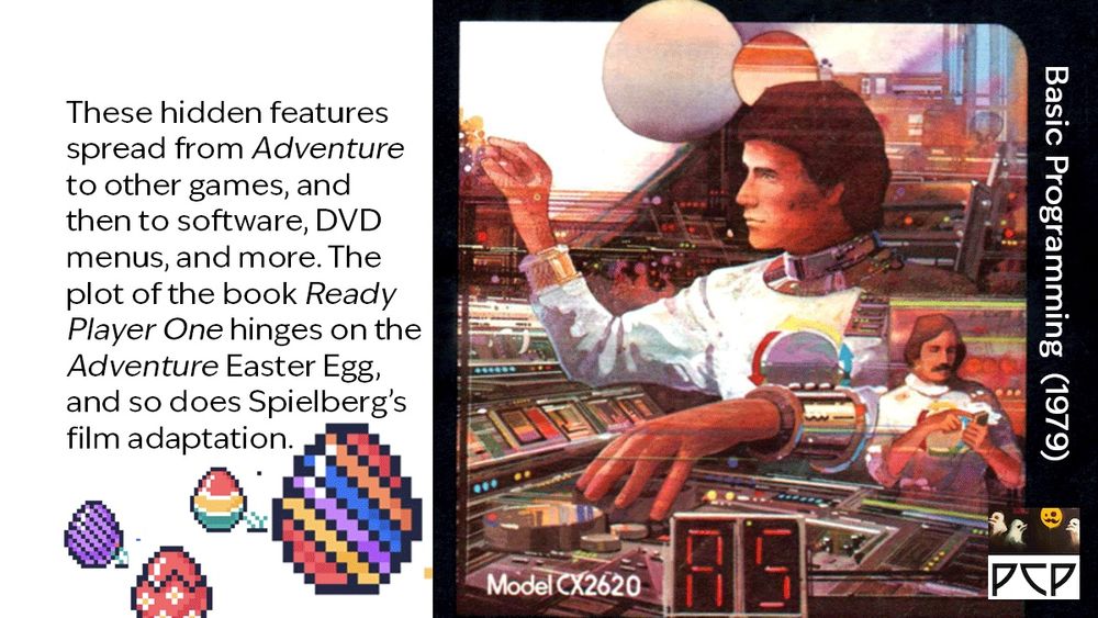 ONSCREEN CAPTION READS:
“These hidden features spread from Adventure to other games, and then to software, DVD menus, and more. The plot of the book Ready Player One hinges on the Adventure Easter Egg, and so does Spielberg’s film adaptation.”

ACCOMPANYING IMAGE IS THE MANUAL OF A CLASSIC ATARI 2600 GAME:
The game manual for Atari Basic Programming is black, and it features hand-painted artwork featuring a futuristic, abstract design: vibrant geometric shapes and glowing lines evoke the concept of programming and digital logic. There is also a human using booth hands to manipulate an array of controllers, as if they were the operator of a gigantic retrofuturistic super computer. The composition is dynamic, with bold colors and patterns suggesting innovation and creativity in the realm of technology."