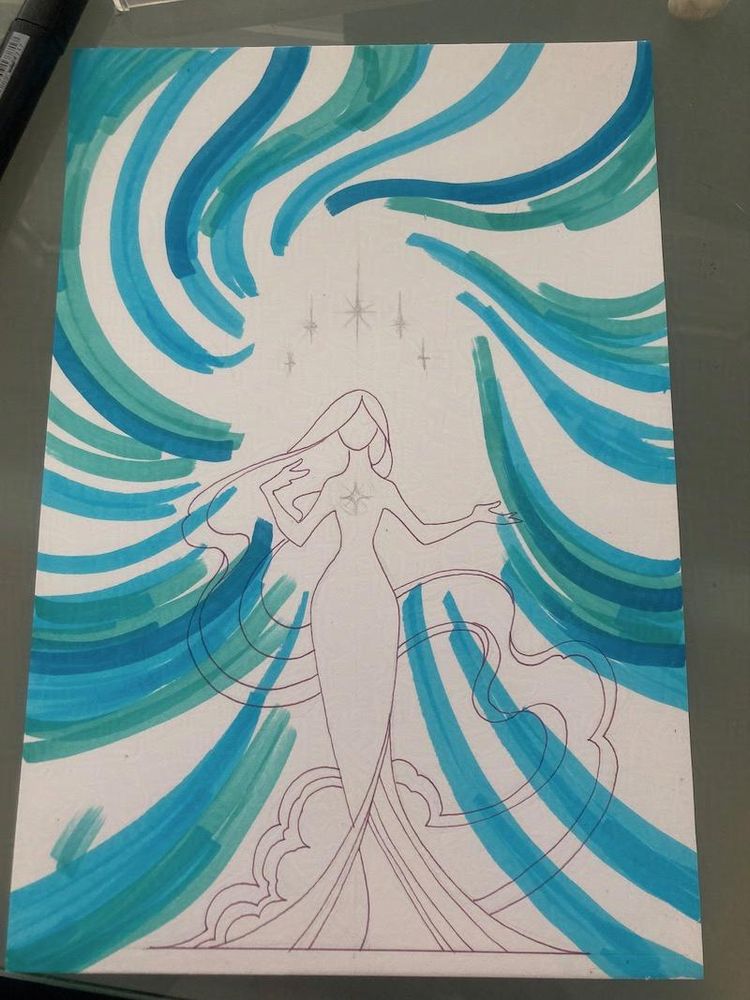 WIP of swooshy figure on blue starlight background 