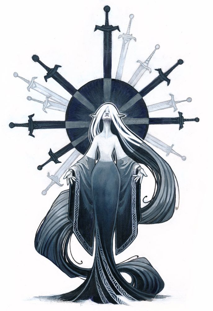 female figure with a halo of swords and long hair flowing like water 