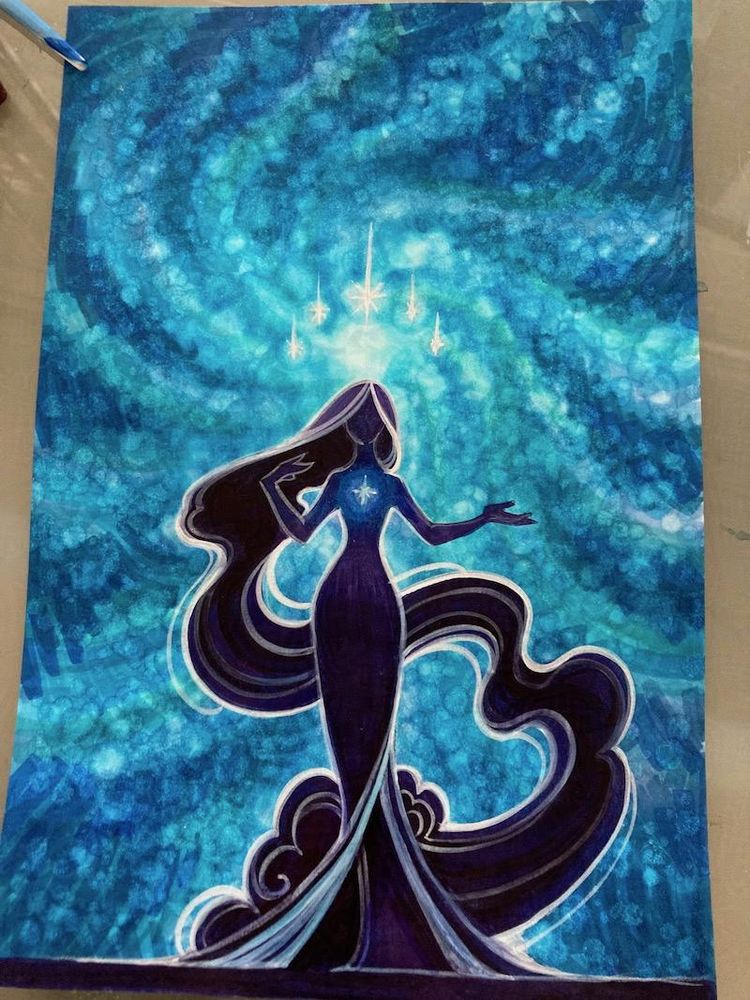 WIP of swooshy figure on blue starlight background 