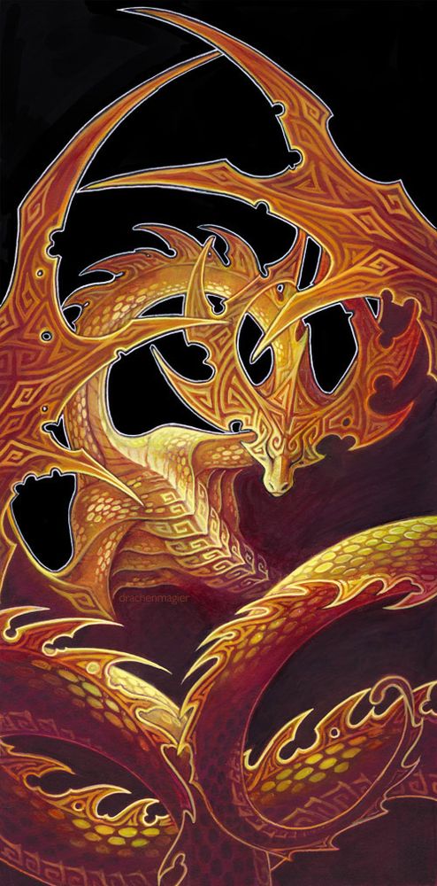 golden, curled up dragon with patterns all over it's horns, wings and spikes. 