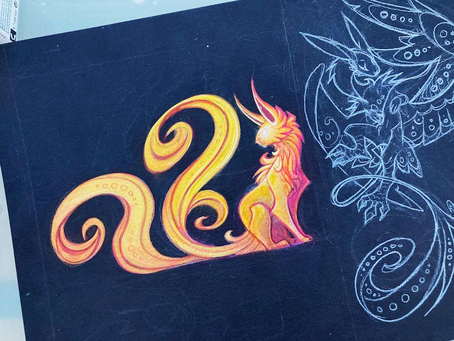 Work in progress painting of a glowy fox cat with multiple swirly tails