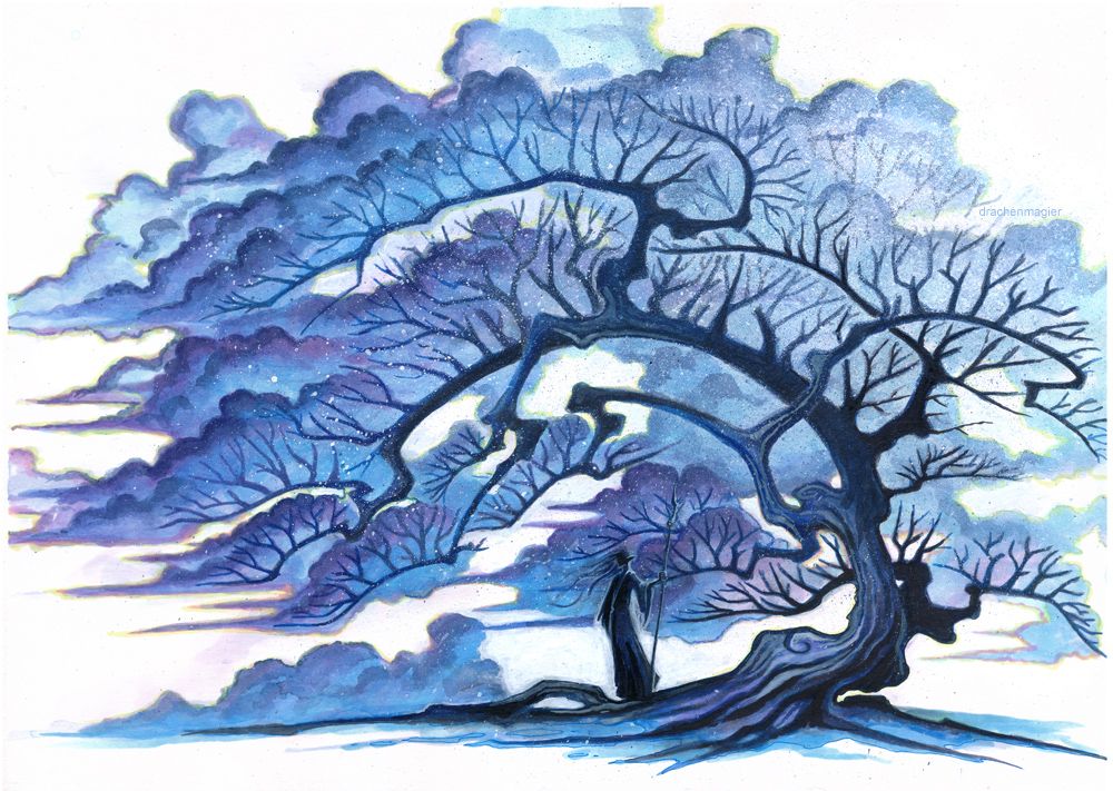 bent tree with black bark and clouds in the branches, a lone figure standing under it