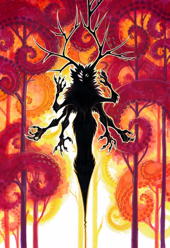 black silhouette with antlers and too many arms in front of a tentacle forest