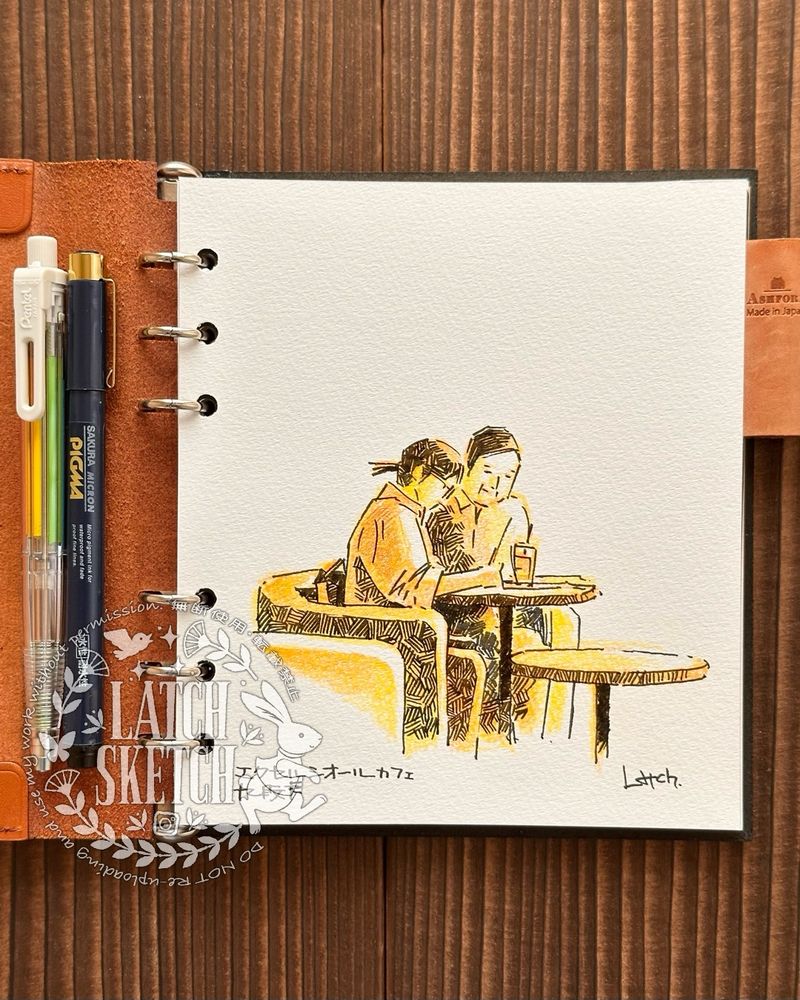 Sketches of people in a cafe. I used Pentel Art Multi 8 and Sakura Cray-Pas Pigma. Summer in Japan is very humid. So I can't sketch outside during the day.