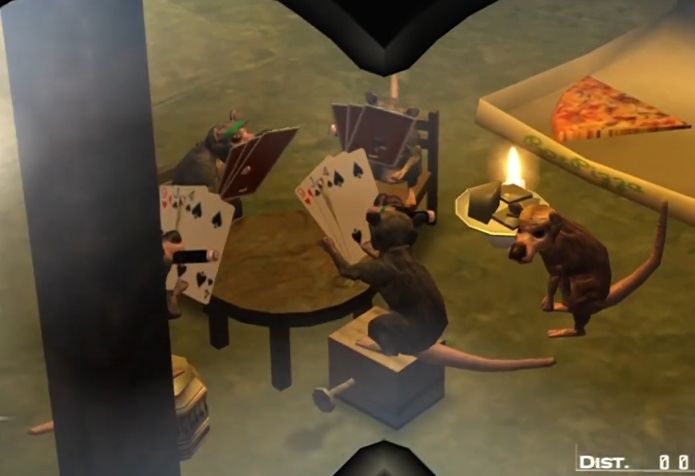 Clube de ratos, um easter egg do jogo Hitman Blood Money. Os ratos lutam boxe e jogam poker.