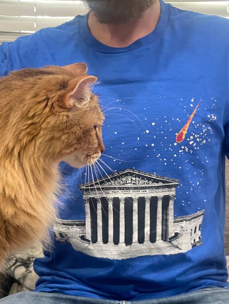 Shirt with the Supreme Court being targeted by a meteor, under the all-knowing watch of a cat named Kylo