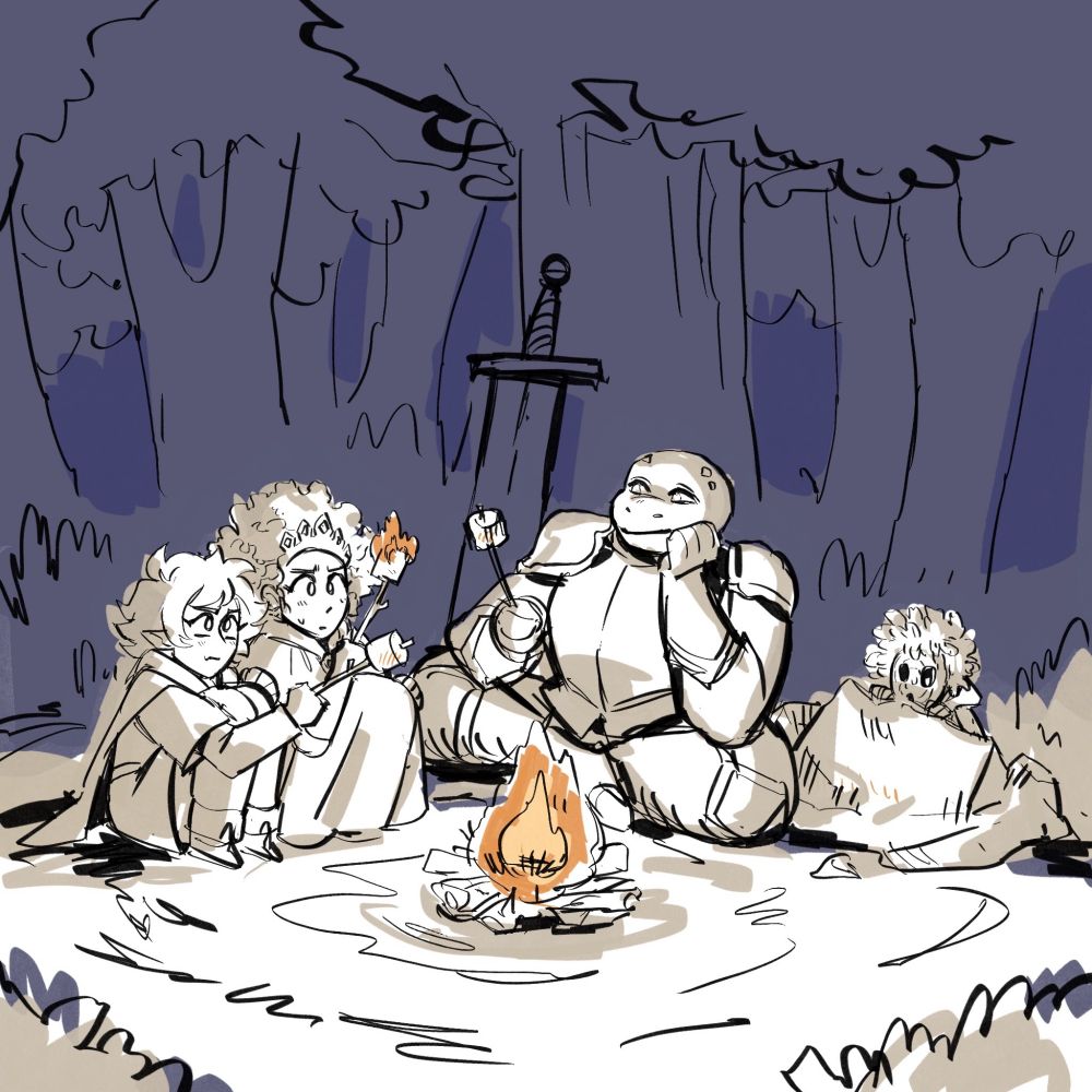 Fun character art by Ursula Gray. Gertrude is determined to roast the perfect marshmallow. Beatrix is burning her marshmallow. Edwin is absent mindedly roasting his. Leaf is hiding from the fire. I love them very much.