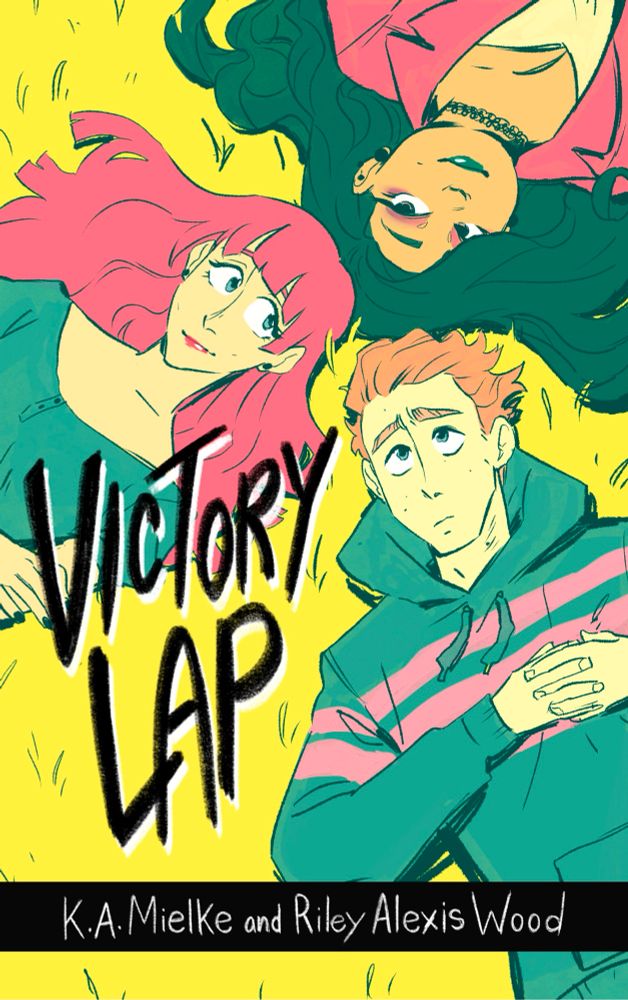 The cover of my queer young adult coming-of-age novel, Victory Lap, co-written with my pal Riley Alexis Wood. The cover is illustrated by my other pal Ursula Gray.

The main characters, Josh, Kiki, and Mel, lie on the grass. The grass and general colour palette is yellow. Josh is a white guy who looks kinda sad, with short rust-colour hair and a blue hoodie with a horizontal pink stripe. Kiki is a white girl who has long pink hair, a little grin, and a blue blouse. Mel is Vietnamese and has a darker skin tone, smirking confidently, and has dark greenish hair and matching lipstick, has a choker around her neck, and wears a pink jacket.