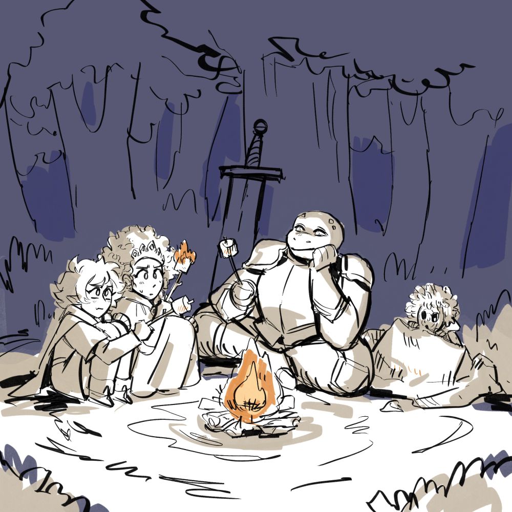 My commission of the Goblin Girl characters chilling around a campfire, Chrono Trigger-style, by Ursula Gray. They are roasting marshmallows but Beatrix's has caught fire, of course. Getrude is determined to make the perfect one and Edwin is vibing. Leaf is hiding from the fire.
