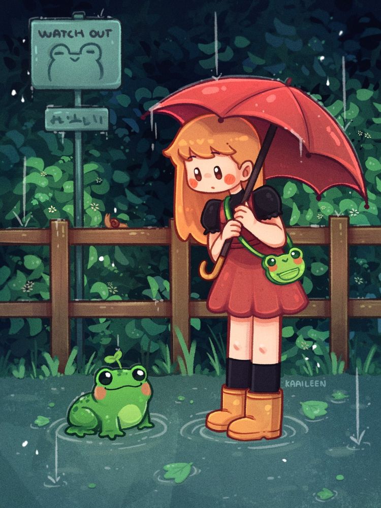 Illustration of a girl with an umbrella and a frog during a rainy day