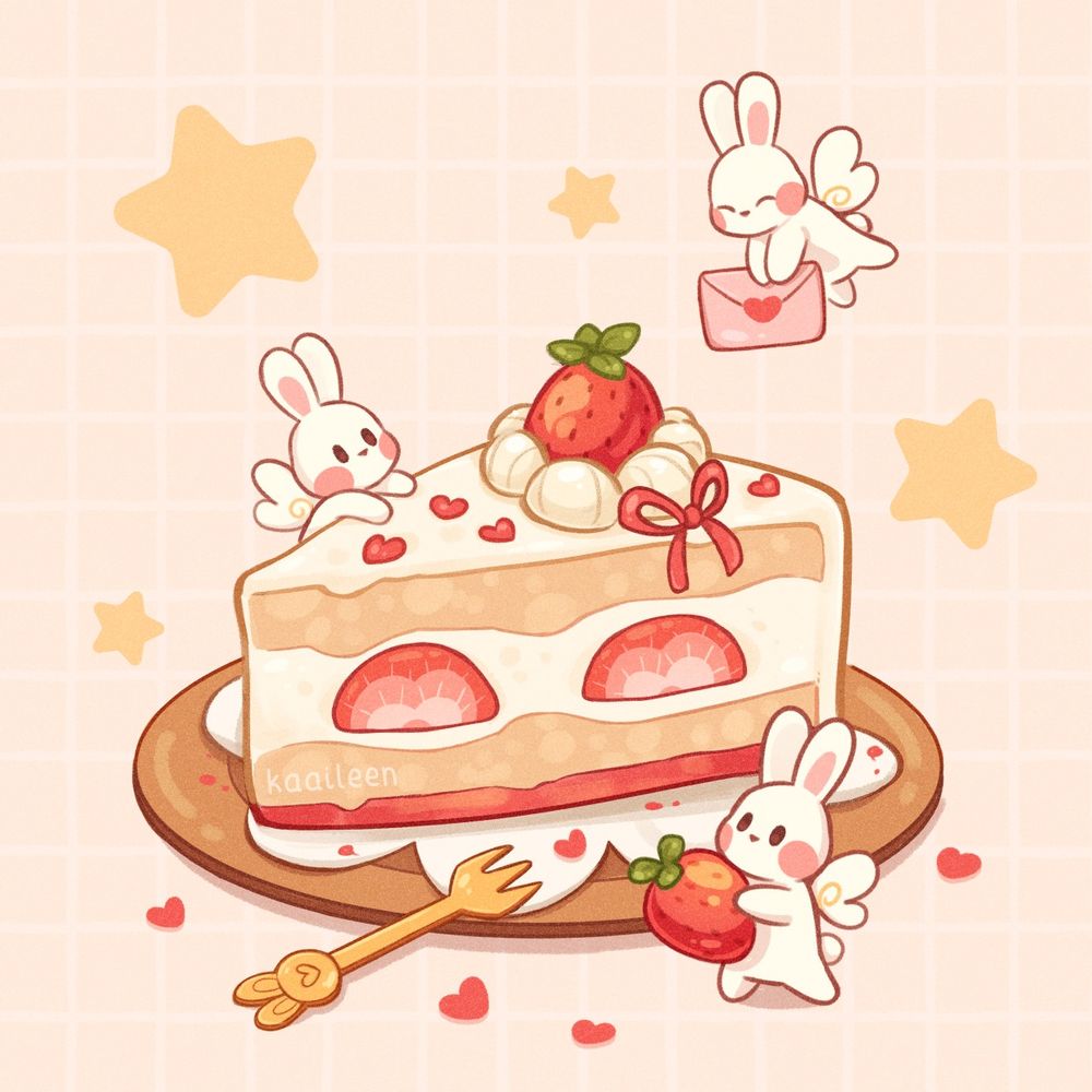 valentines day themed illustration where 3 winged bunnies surround a strawberry cake. One of them is holding a valentine card and another a strawberry~