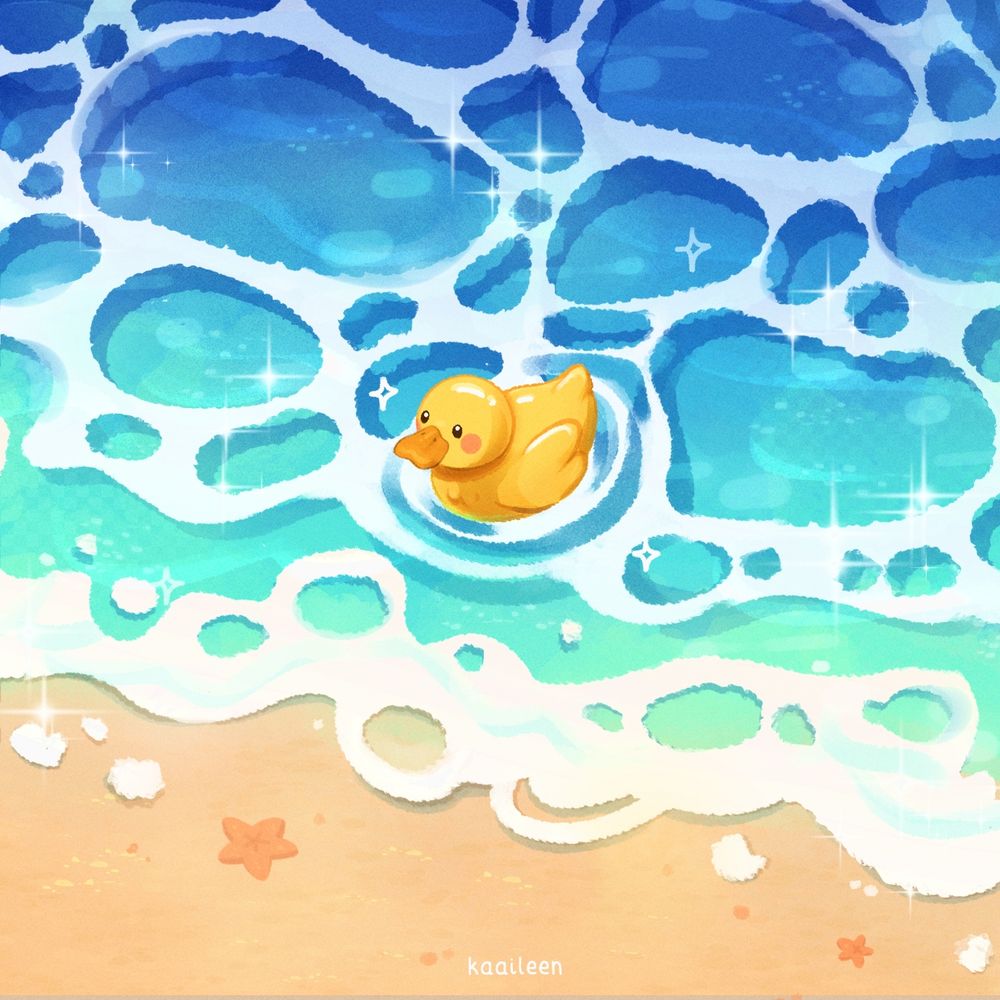 illustration of a little duck floating in the sea at the beach.
