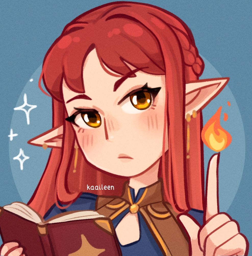 D&D portrait of an elf girl with red hair holding a book and creating a little flame with her finger