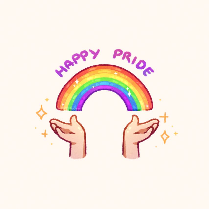 small illustration of a rainbow with a text "happy pride"
