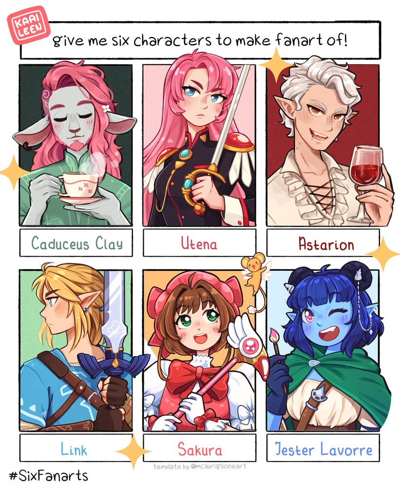 6 fanart illustrations of different portraits. From top left to down right: Caduceus Clay, Utena, Astarion, Link, Sakura and Jester Lavorre