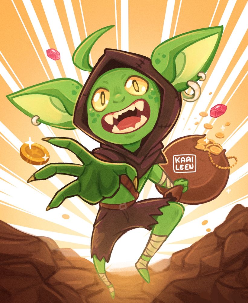 Illustration showing a goblin stealing a treasure bag
