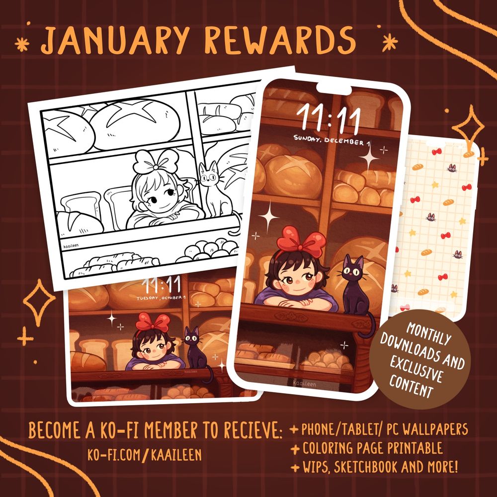 mockup of the wallpaper and printable rewards from January. In this case, the illustration is based on the bakery scene from Kiki delivery service.