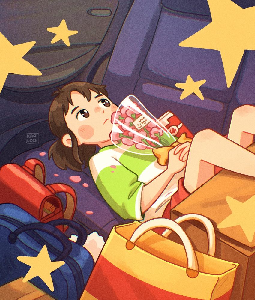 redraw illustration of the scene in Chihiro where she's in her family car holding flowers