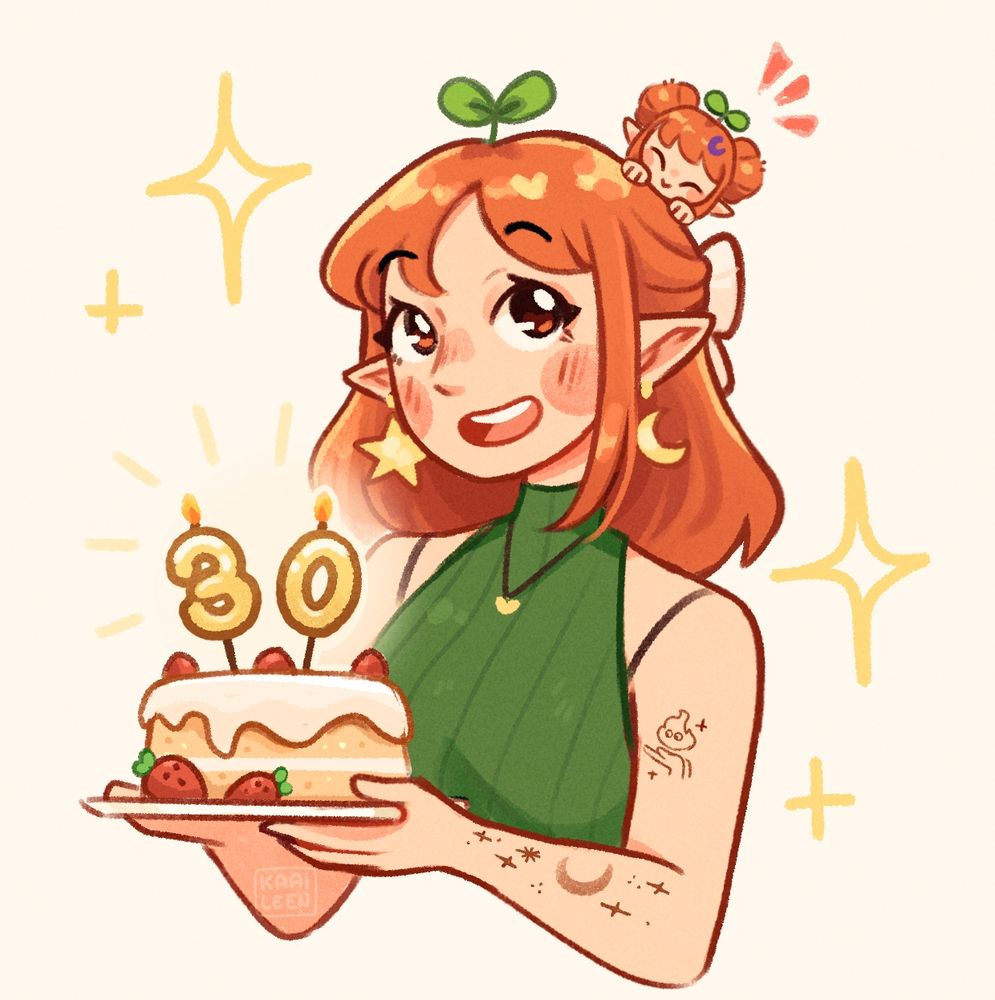 portrait of me (and chibi me) holding a cake with the number 30 to celebrate my 30th birthday!!