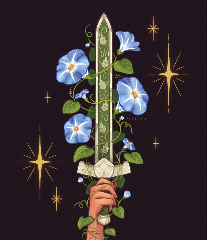 illustration of a hand holding a sword with blue flowers and stars surrounding it 