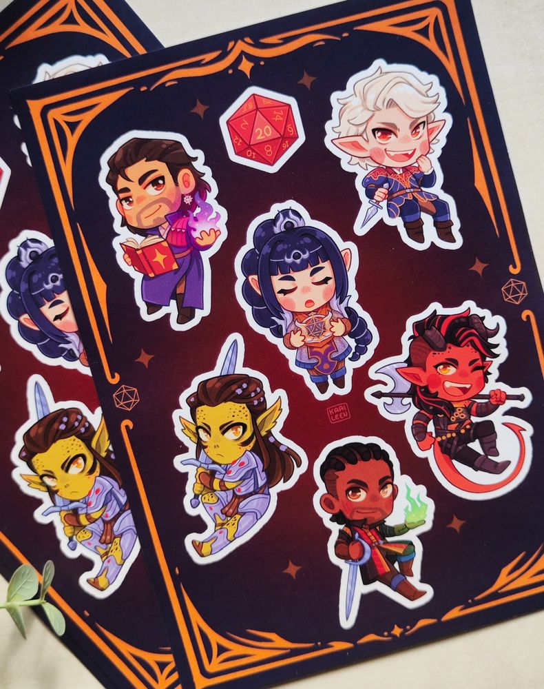 Photo of a sticker sheet with the main characters from Baldur's Gate 3