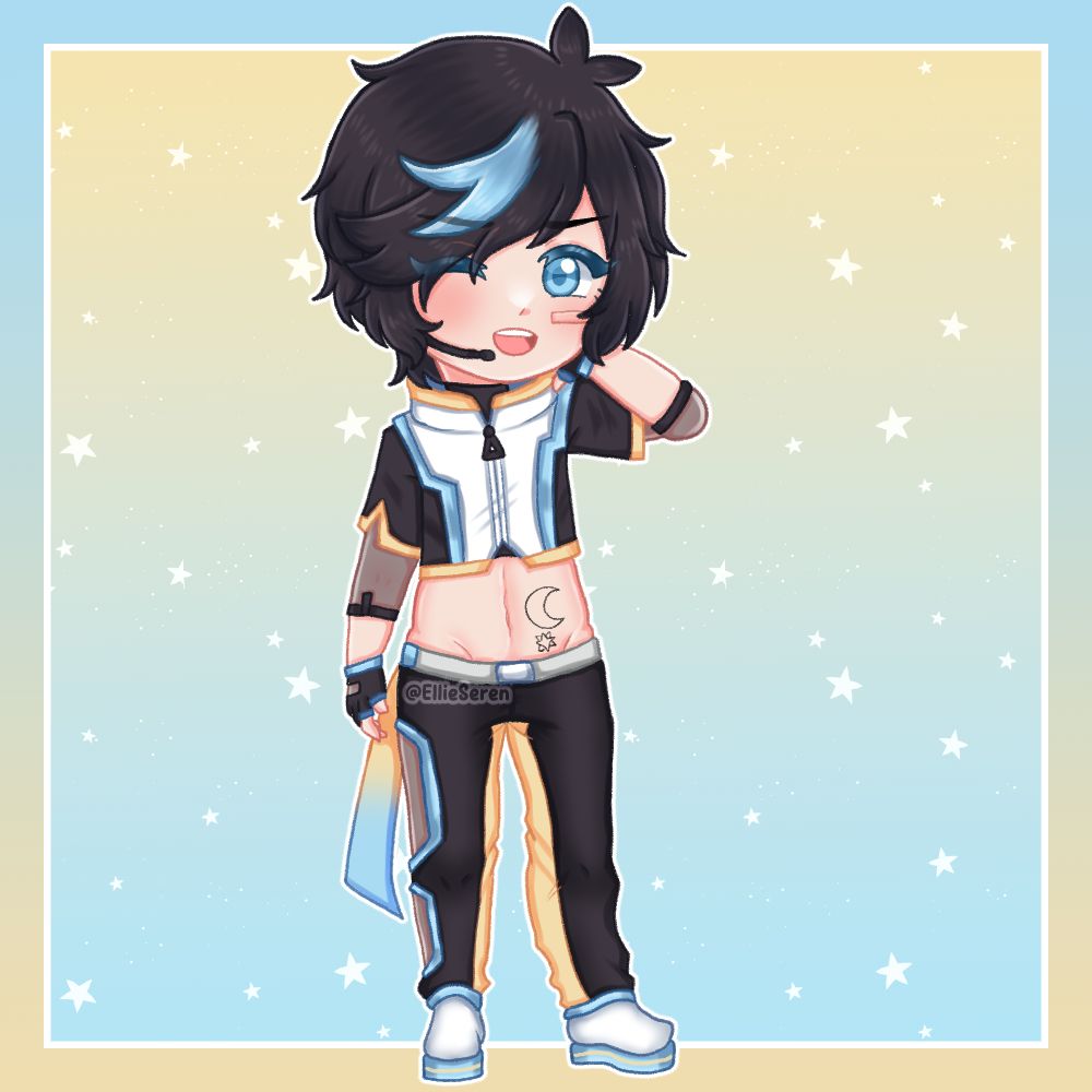 A chibi illustration of the UTAU Mimo owned by Mimoko. A blue eyed male with black hair and a blue streak wearing a black, white, yellow and blue outfit with a crescent moon and star tattoo on his abdomen