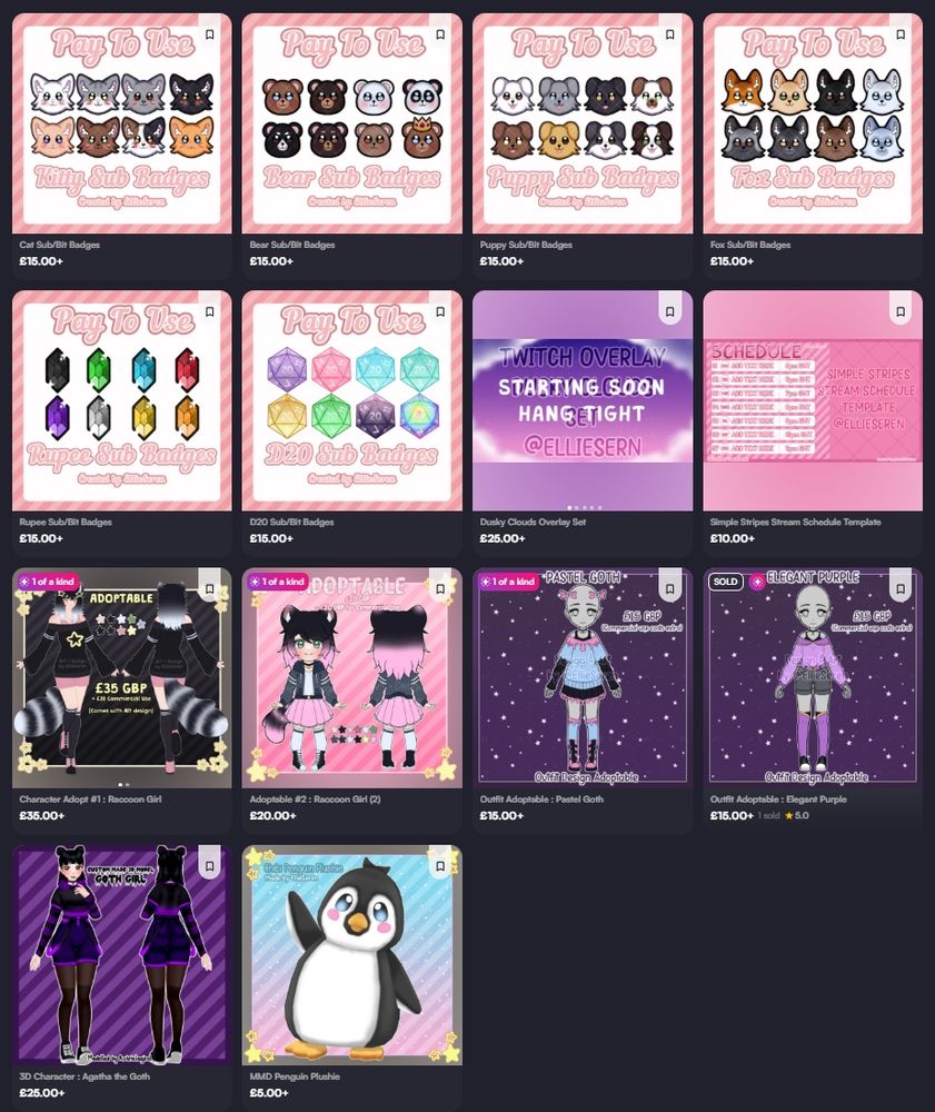 Screenshot of my shop items on VGen