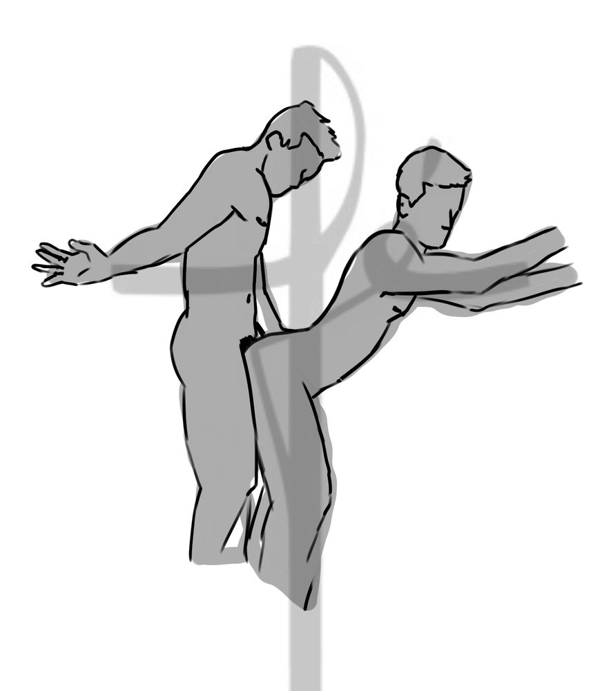 Desenho de linhas de dois homens fazendo sexo. Eles estão em pé, o ativo está metendo por trás e levanta a mão para bater na bunda do passivo. O desenho ilustra o ponto do post.