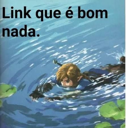 Imagem do link personagem loiro jovem de roupa azul nadando num lago. Há o texto "link que é bom nada"