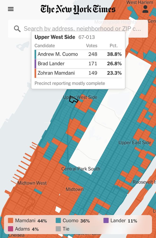 Image showing an UWS precinct with 38.8% for Cuomo, 26.8% for Lander, and 23.3% for Mamdani.