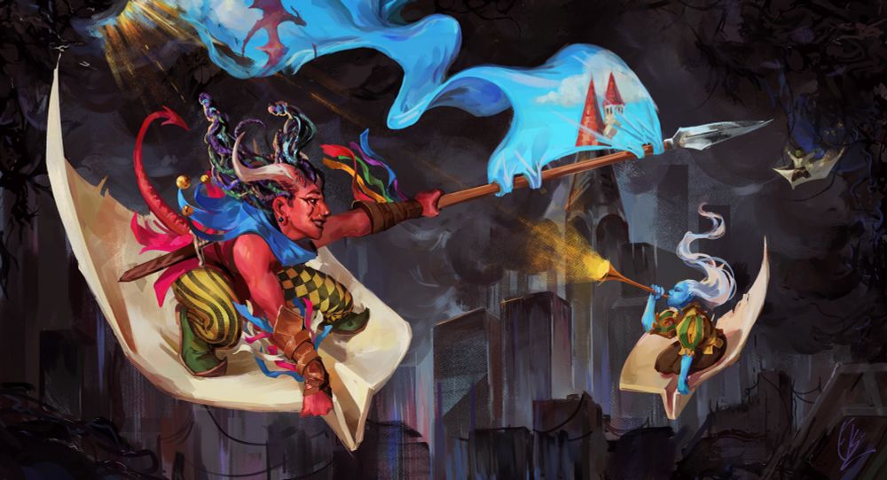 A brightly colored tiefling jester glides on a large paper airplane, through a grim dark landscape. They hold out a spear with a banner trailing off of it. The banner appears to be blue, but on closer look is actually less of a fabric and more of a portal through the black clouds of the sky, to see a blue sky and whimsical fantasy world beyond it. Behind them there is another figure, an air genasi, also riding a paper airplane and blowing a trumpet full of golden light.
