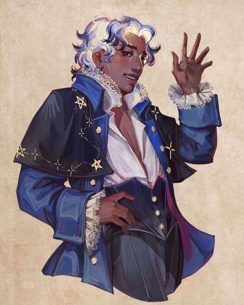 A waist up illustrated portrait of a gorgeous man, waving casually at the viewer. He’s wearing a fancy blue coat, a black shoulder cape and waist cincher, and a white unbuttoned frilly shirt. He has cool-toned, dark skin, a chill smile and dark eyes. His hair is glowing white-gold at the roots and transitions to lavender, then black, at the tips. He has the vibe of a middle schooler’s heartthrob anime comfort character.