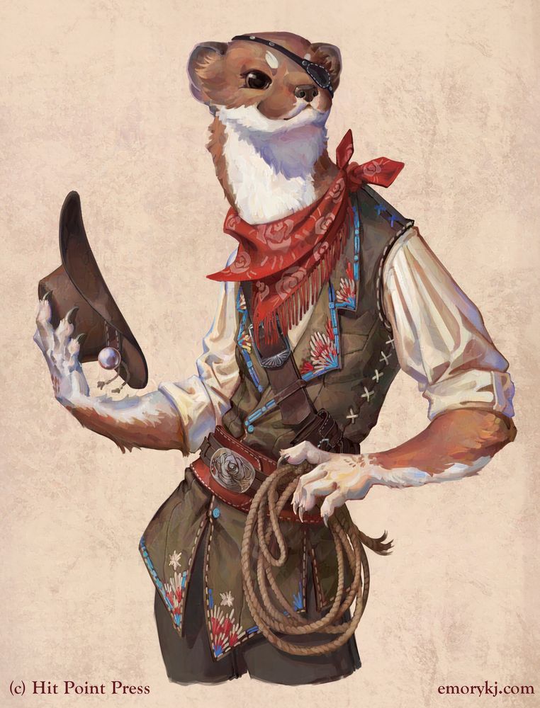 Bekan the Rose, illustrated for Hit Point Press. An illustrated portrait of a stoat person, wearing a cowboy outfit. Her brown leather vest is embroidered with turquoise, red, and white. She has a red bandanna with roses patterned on it, and holds a dark brown cowboy hat with a pearl on it. On her hip is a rope lasso. She looks very chill and cool.