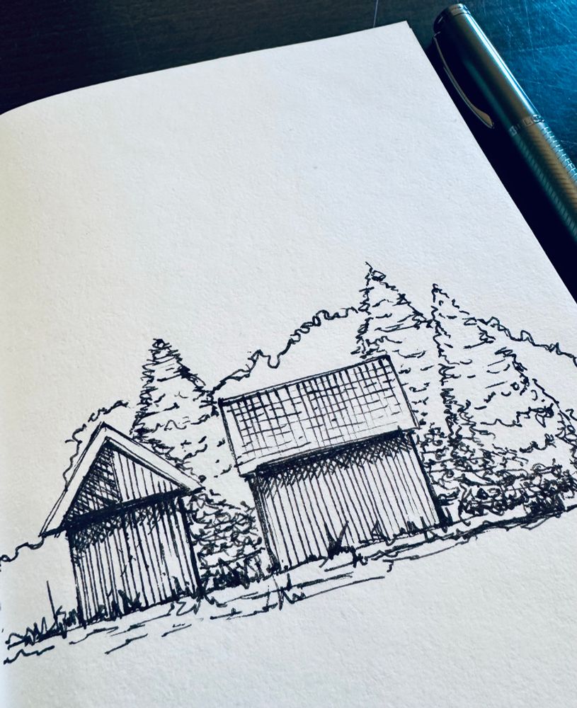Same two cosy cottages, one from the front and one from te side. Surrounded by three pines, cone-shaped foliage. Drawn with Belius Plume fountain pen with intense black ink by Waterman.