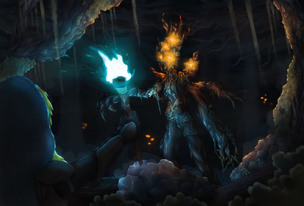 A lost builder with a soul torch in the Pale Garden, stumbling over a Creaking!