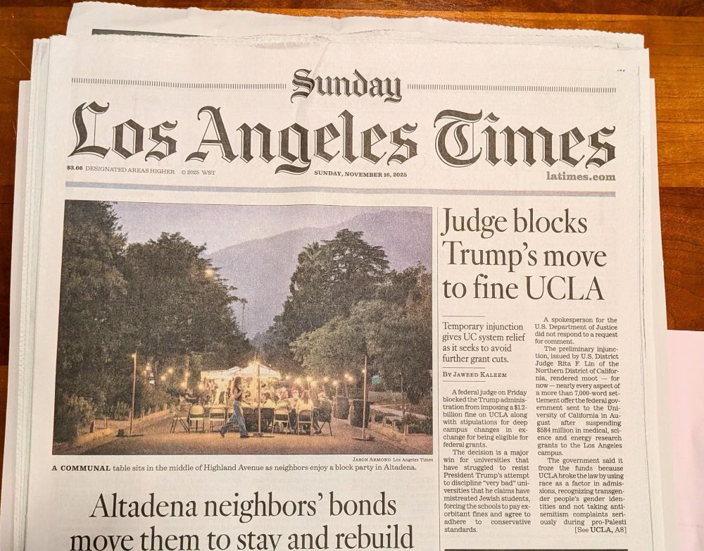 Photo of the Sunday Edition paper of the LA Times. Headline reads: “Judge blocks Trump’s move to fine UCLA”