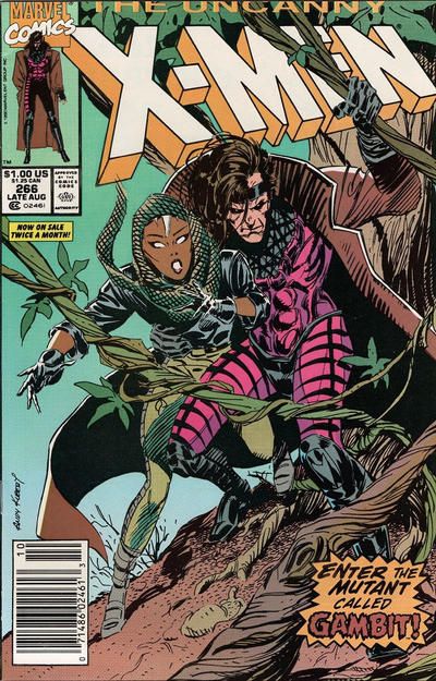Cover of Uncanny X-Men 266 featuring the debut of Gambit, who is holding onto a teenage Storm in a forest.  Art by Andy Kubert
