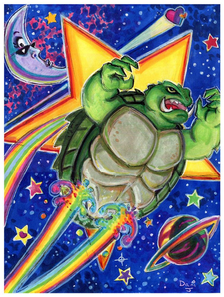 Whimsical Lisa Frank styled marker illustration of Gamera in space
