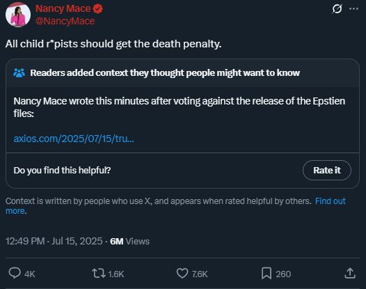 Nancy Mace tweets "All child rapists should get the death penalty" 

Readers added context they thought you should know: Nancy Mace wrote this minutes after voting against the release of the Epstein files